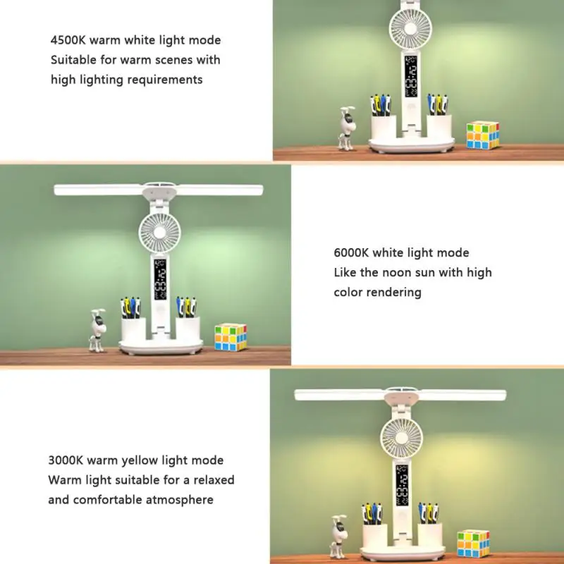 Rechargeable Table Lamp For Study, Desk Lamp Reading Light Led Table Light With Fan, Led Clock Dispaly Read Lamp Christmas Gift