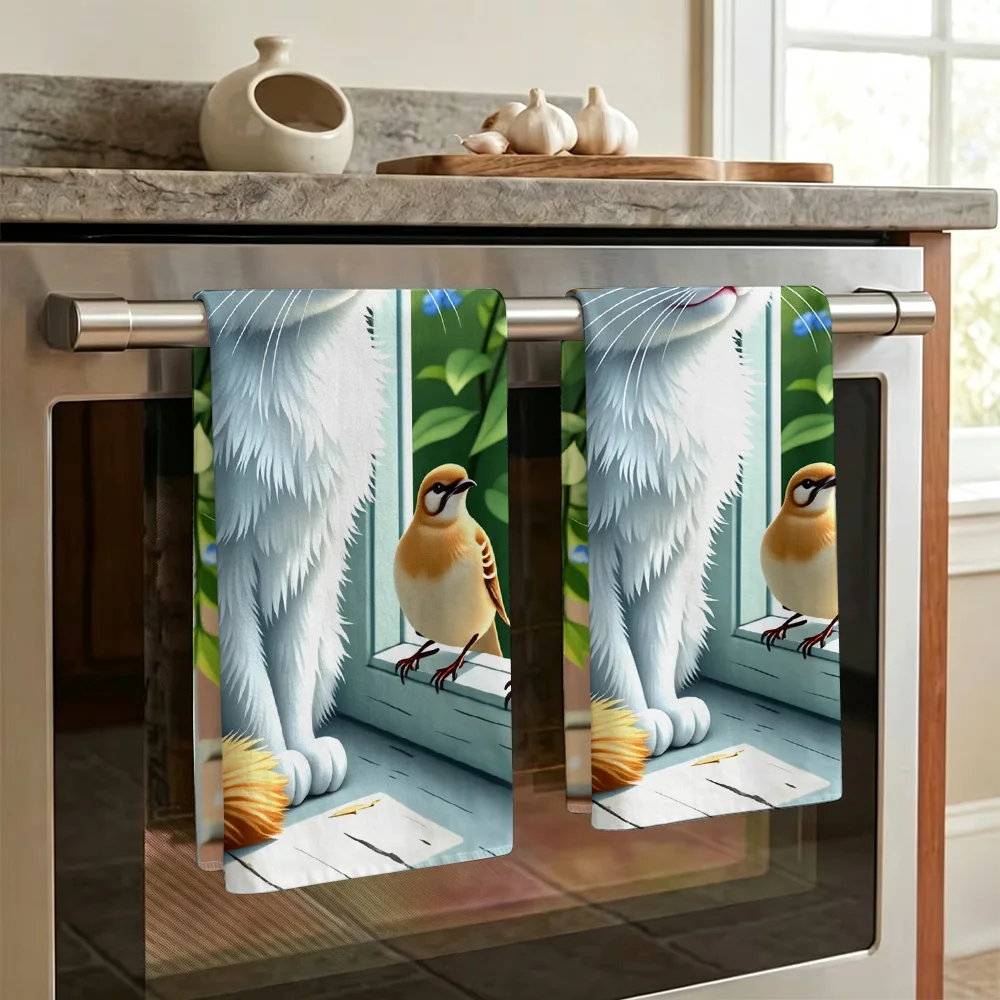 1pc/2pcs Cute Cat & Bird Print Kitchen Towel-Super absorbent, reusable polyester dishcloths perfect for home decor, cooking, bak
