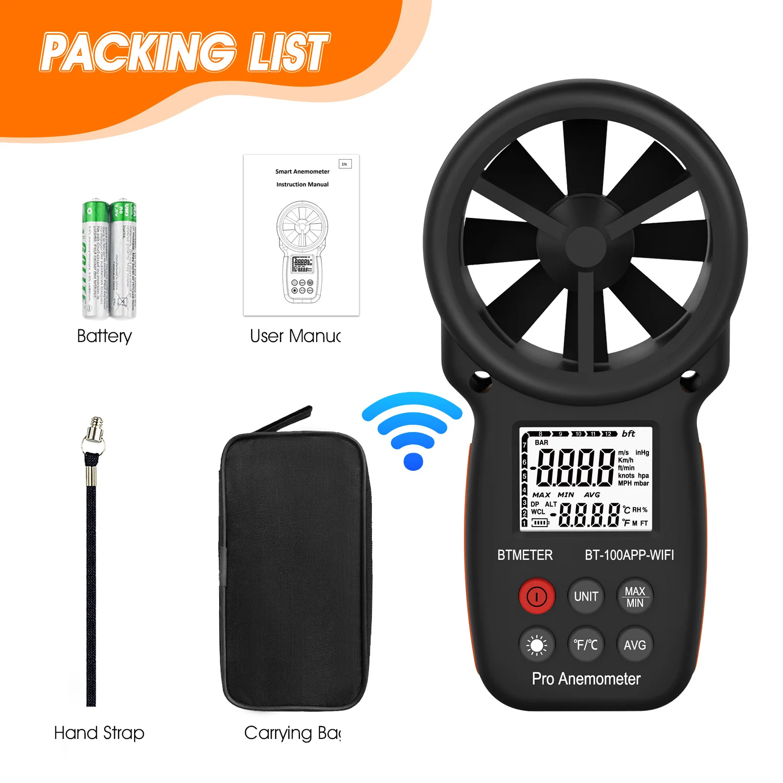 

Multi-Function Digital Anemometer with Barometer Altimeter Temp Humidity for HVAC Drone Sailing Hiking & Outdoor Activities