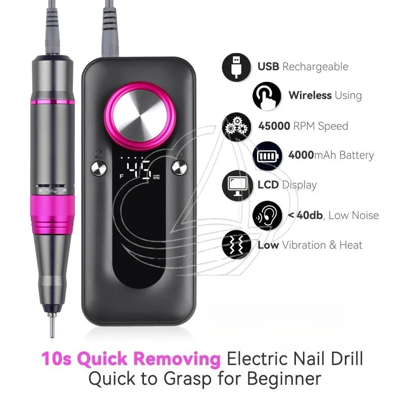 Upgraded Portable Rechargeable Nail Drill 45000RPM Professional Electric Nail File for Manicure Pedicure