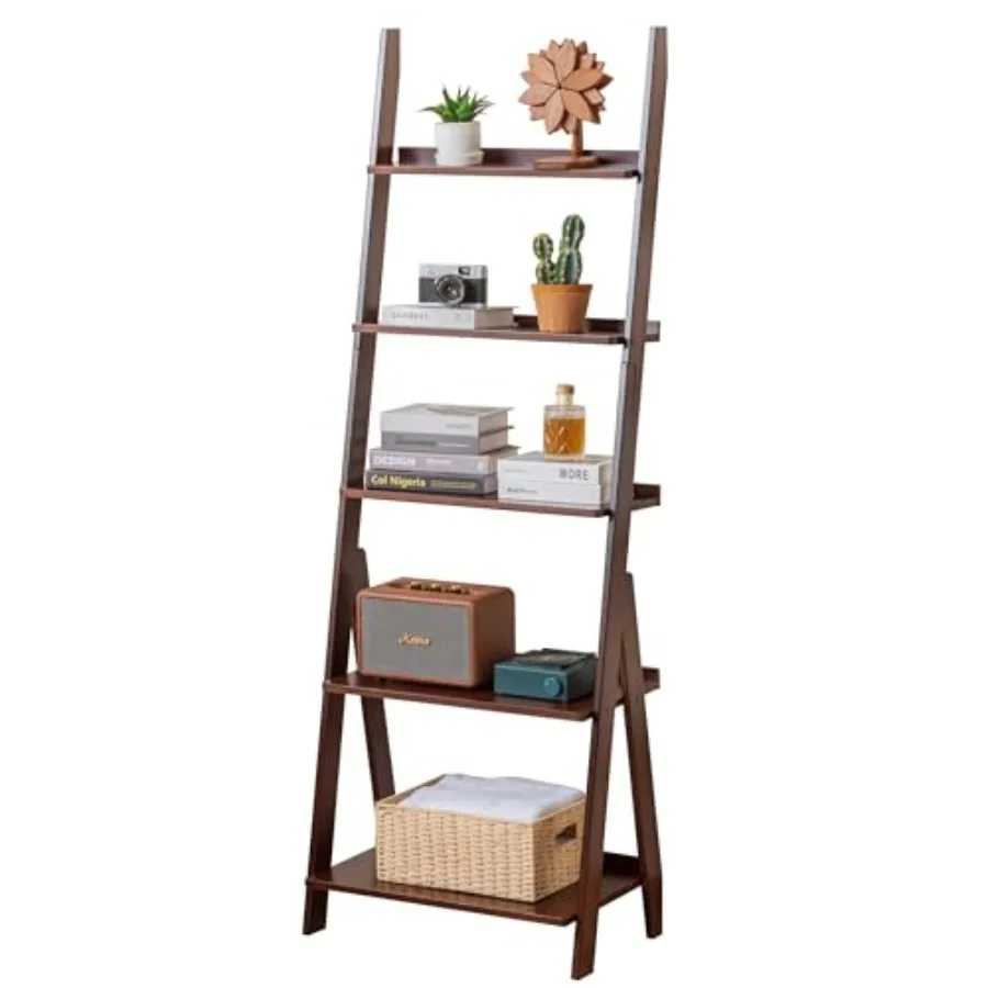 

Bamboo Ladder Shelf Bookcase, 5-Tier Leaning Bookshelf Free Standing Organizer Storage Shees for Living Room, Bedroom, Kitchen,