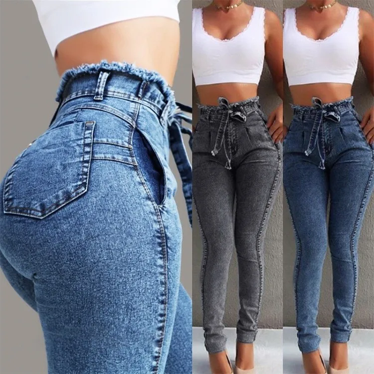 

Summer Women's Clothing Slim Fit Stretch High Waist Jeans With Fringe Belt Pencil Pants For Woman Polyester Denim Long Trousers