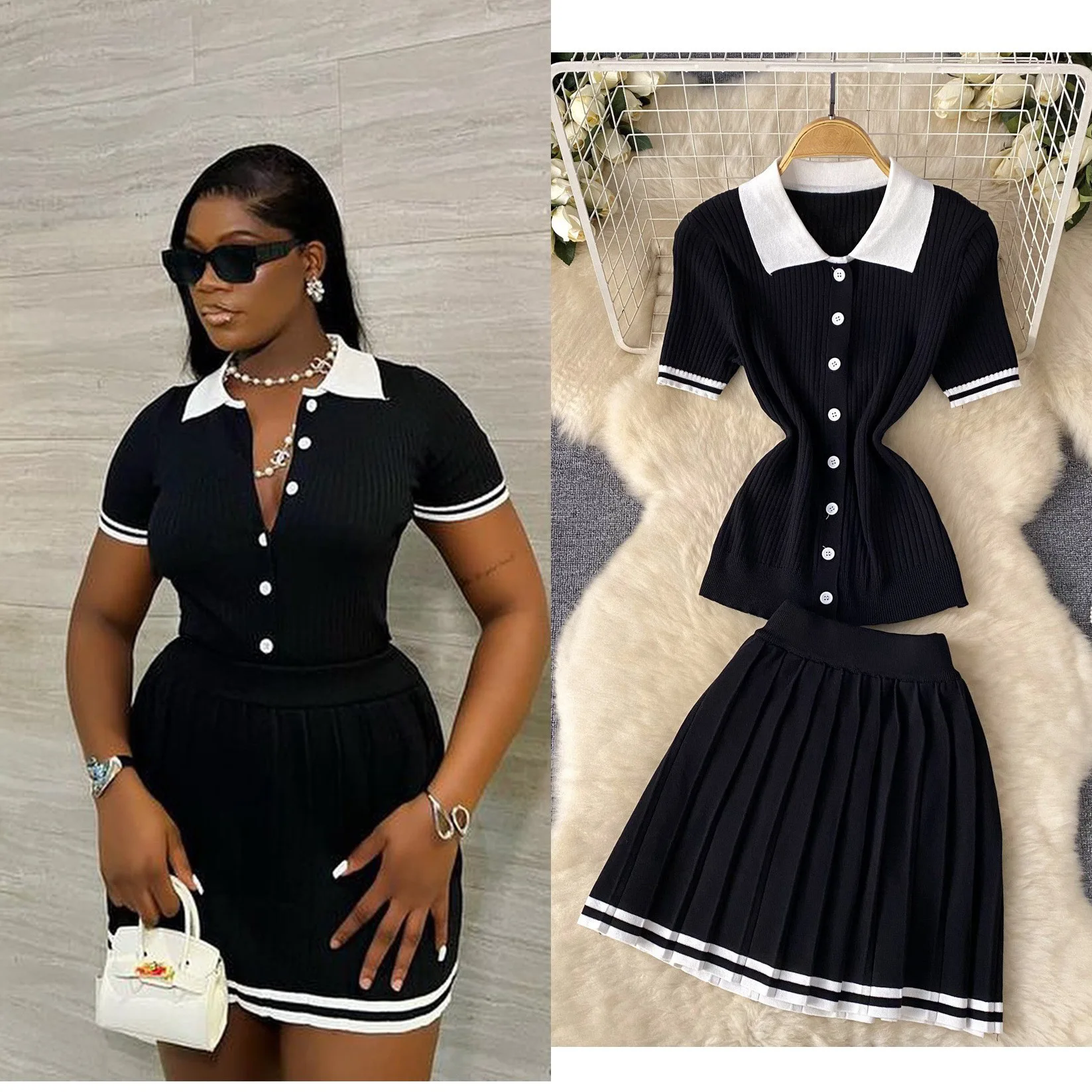 Mini Skirt Set Women Two Piece Sets Polo Collar Shorts Shirt Tops Dress Sets Casual Y2k Streetwear Pleated Shorts 2026 Elegant - Image 2