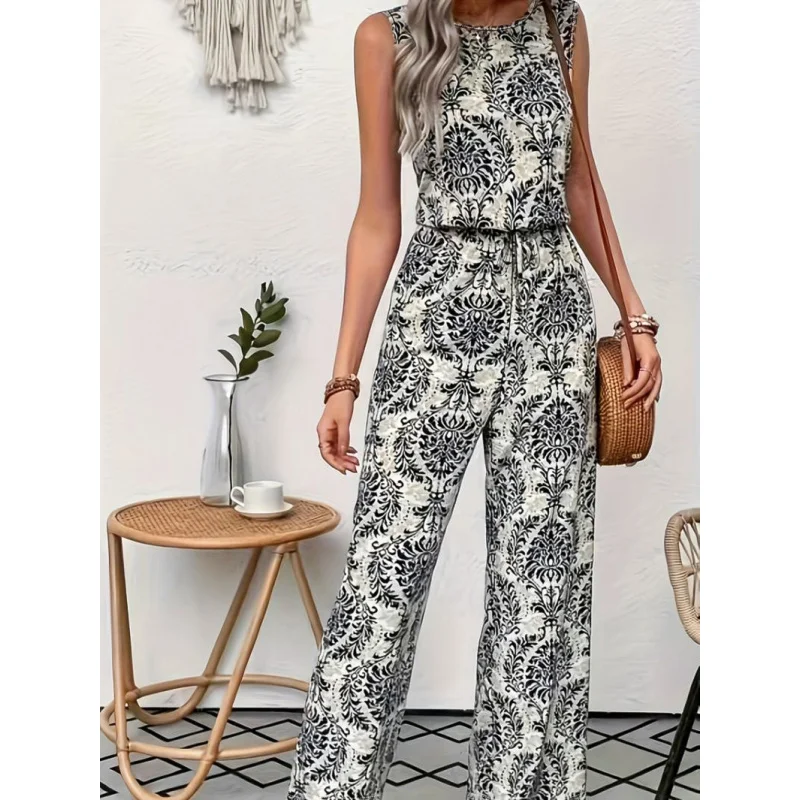 

European and American Summer Women's Fashion Printed Elegant Sleeveless Top Jumpsuit Fashionable and Chic