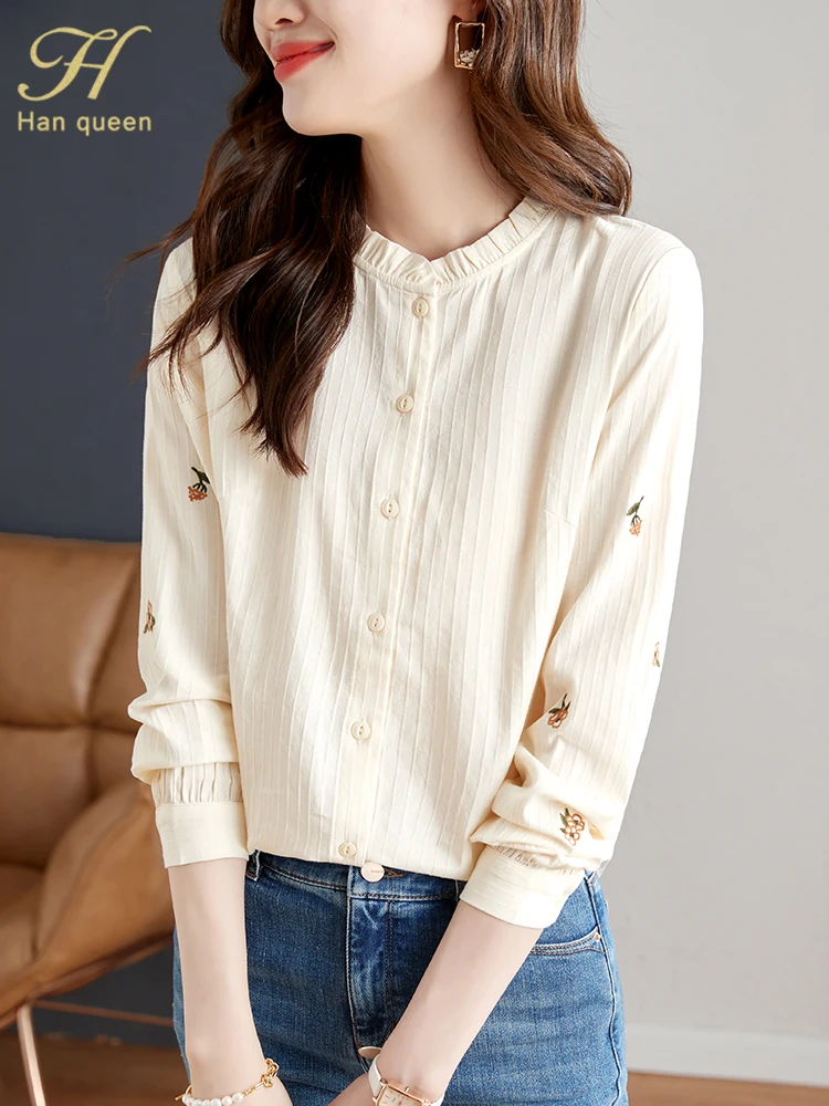 H Han Queen Autumn Blouses Flower Embroidery Vintage Tops Simple Elegant Chiffon Blouse Women Long Sleeve Casual Office Blusas