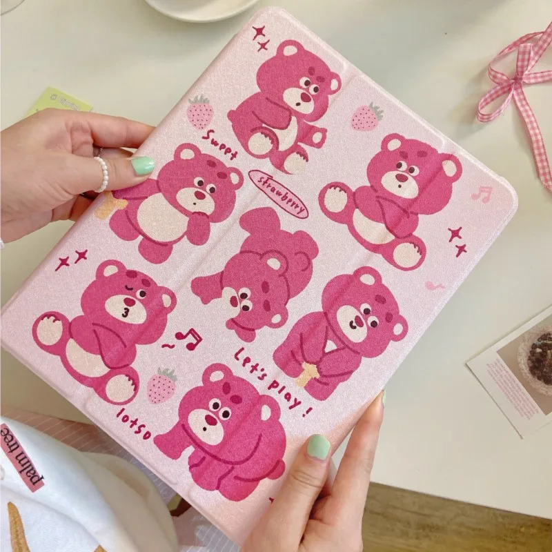 

Милый мультяшный чехол-зеркало с клубничным мишкой, трехсекционный, с держателем для карандашей, для iPad Mini 6/7 8.3in, 5/6/Air1/2/Pro 9.7in