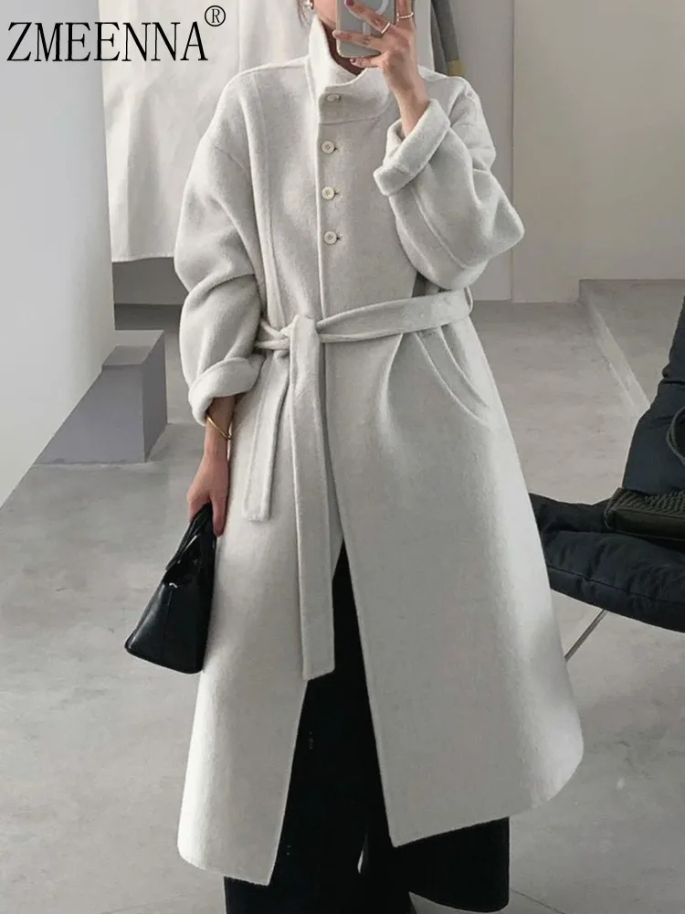

ZMEENNA женское длинное шерстяное пальто с высоким воротом, однобортное с завязками на поясе, теплая зимняя верхняя одежда, свободный крой, стиль ZM4415