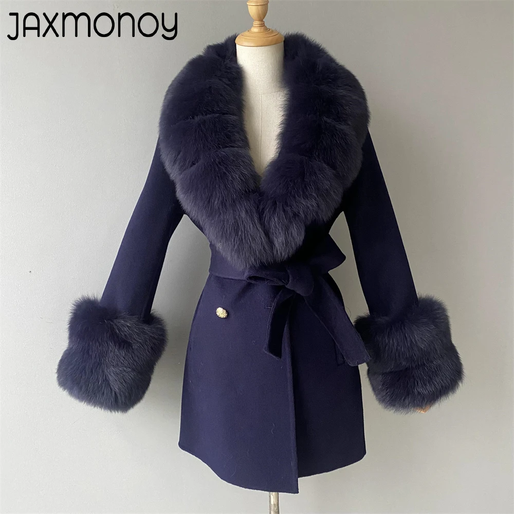 Imagem -04 - Jaxmonoy-cabolsa de Caxemira Feminino com Pele de Raposa Real Cabolsa de lã de Comprimento Médio Jaqueta Trespassado Moda Outono e Inverno Nova Chegada