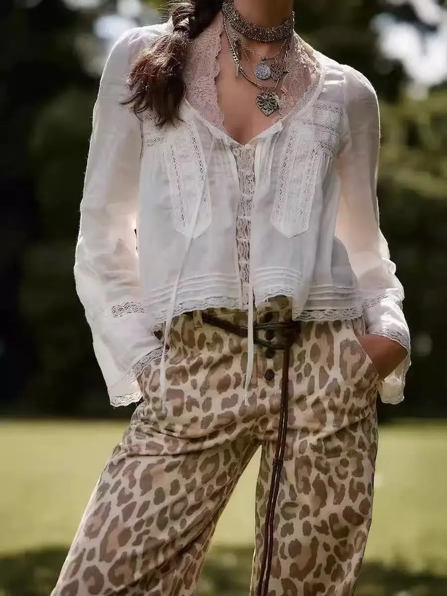 

Ele Ранняя осень Романтическое вышитое кружево с вырезами Vaion Sle Long Sve irt Large U Ne Cotton Blend