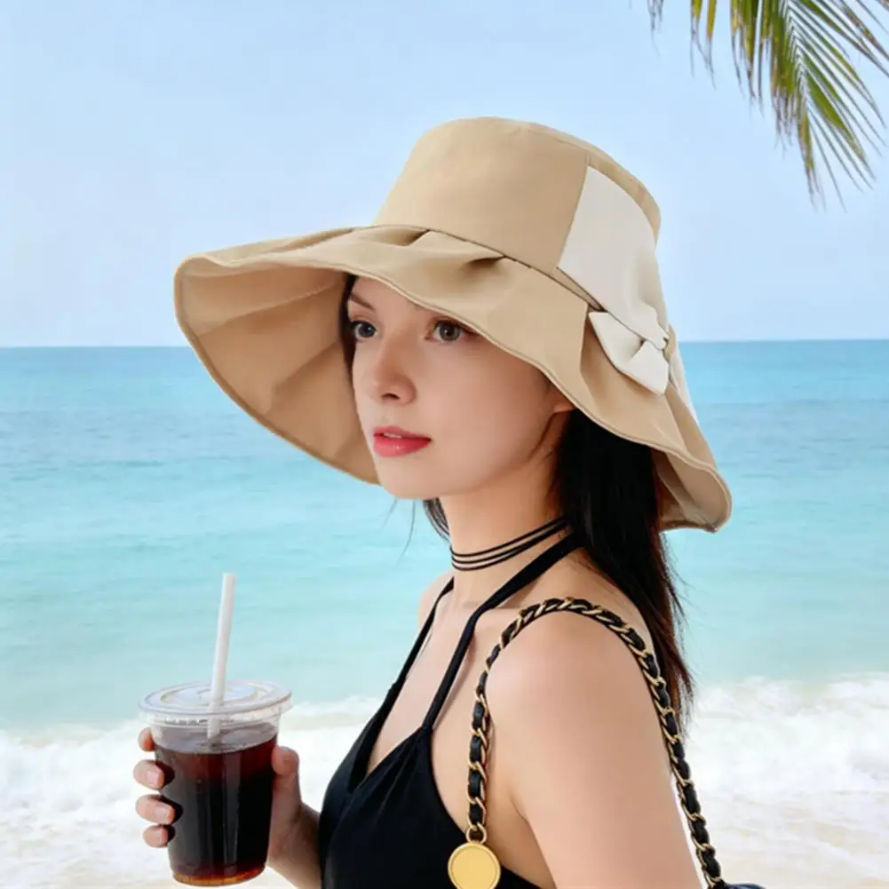 Fashionable Outdoor Bucket Hat Women’s Wide Brim Beach Hat with Bowknot Decor Foldable Travel Sun Protection Bucket Hat Summer