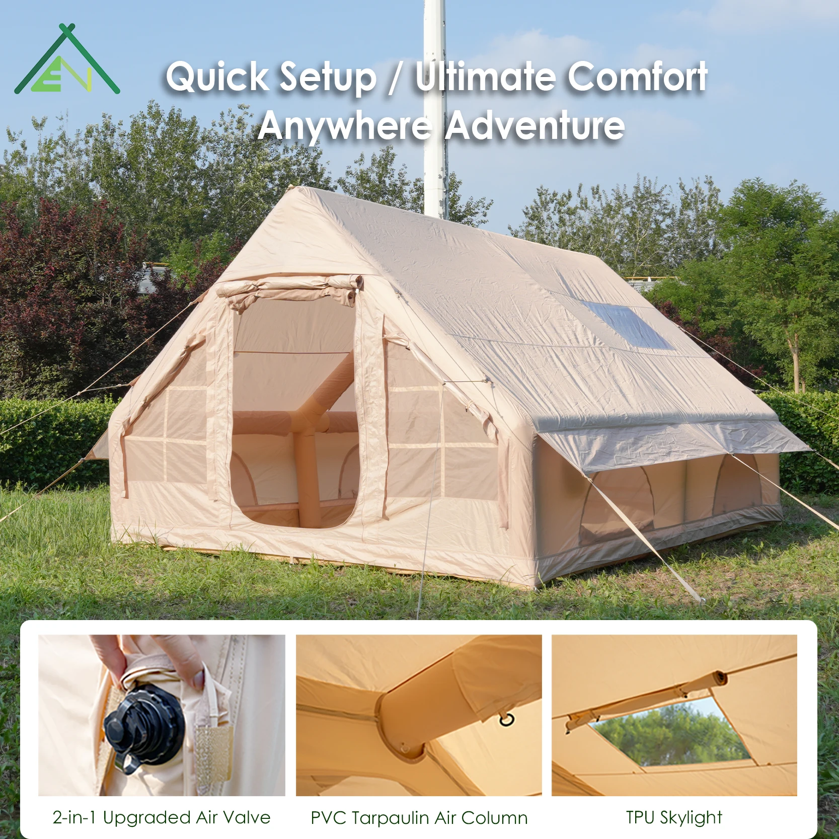 Portable 12sqm Four-Season Inflatable Tent 420D Oxford Waterproof Air Beam Cabin Tent Large Family Camping Glamping Shelter