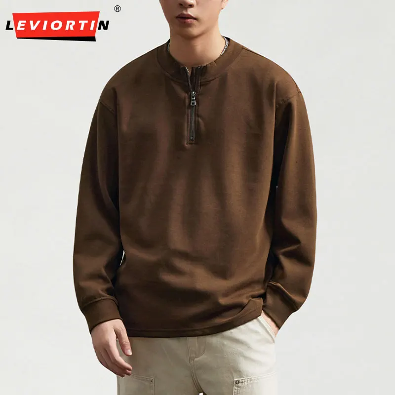 Men's Quarter Zip Mock Neck Long Sleeve T-Shirt, American Style Lyocell Top, Skin-Friendly Comfortable Casual Base Layer Tee