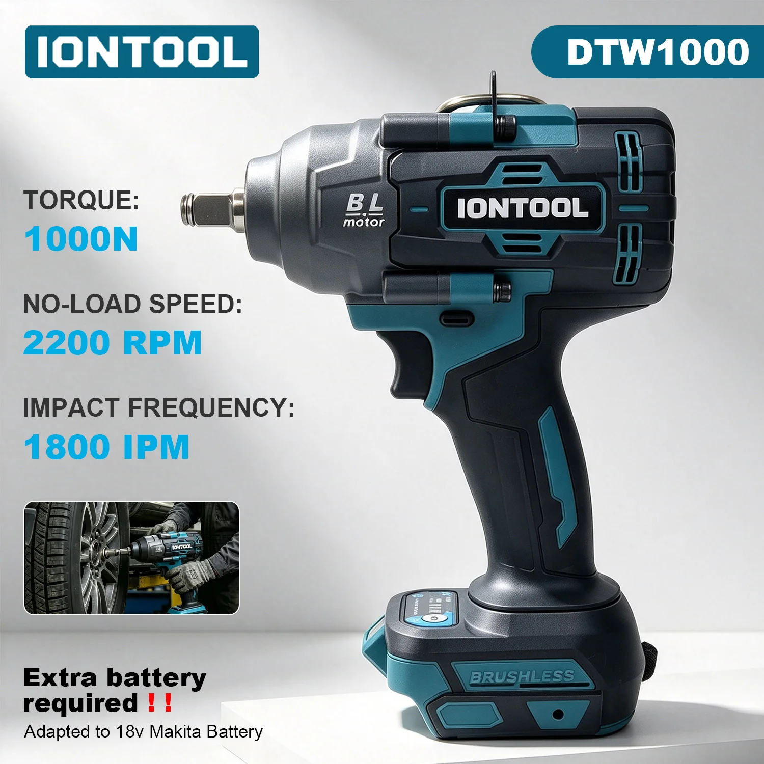 IONTOOL Brushless Cordless Impact Wrench 1/2 Inch 1000N.m 2200RPM Compact For 18V Battery Home DIY Tire Changing Garage Tool