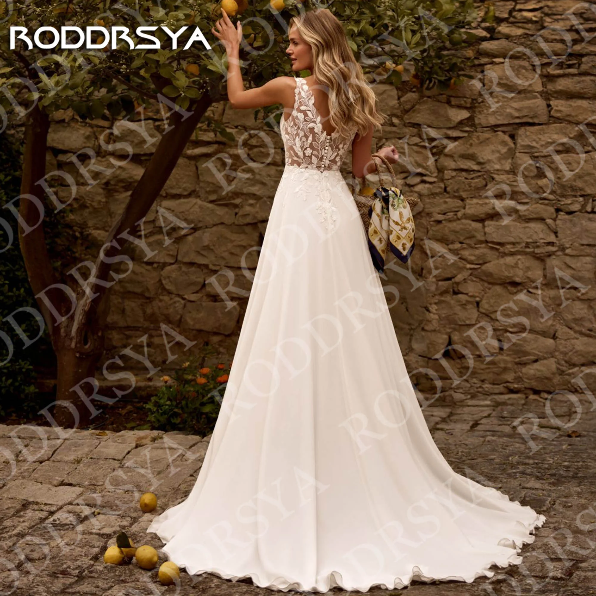 RODDRSYA Elegant V Neck Wedding Dresses for Bride Lace Appliques Chiffon Bohemian Bridal Dress Boho A Line Sleeveless Customized
