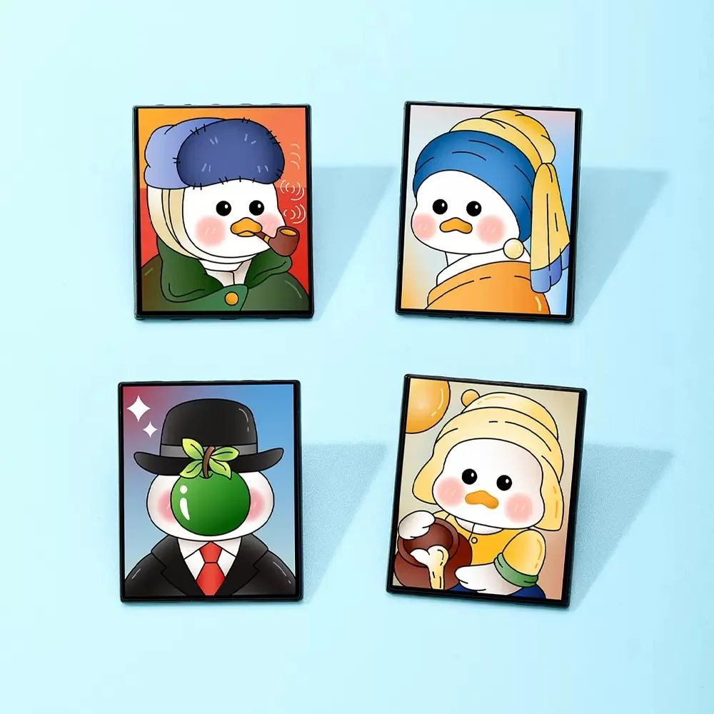 Set de pintura al óleo de 4 piezas: linda chica de pintura al óleo, pato, ropa, sombrero, mochila, broche, insignia, accesorios, regalos