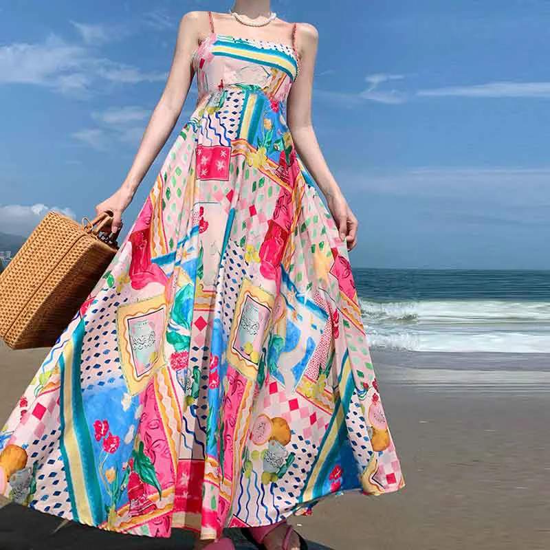 Women's 2024 Summer New Sexy Swing Dress Graffiti Print Sleeveless Slip Dress Boho Dress