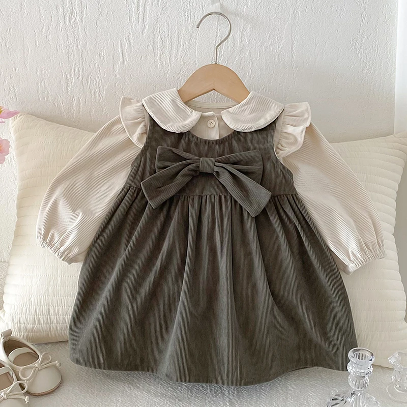 

2025 New Autumn 2-6Yrs Girl Party Dress Sleeveless Corduroy Solid Color Long Sleeved Cotton Shirt Kids Princess Dresses