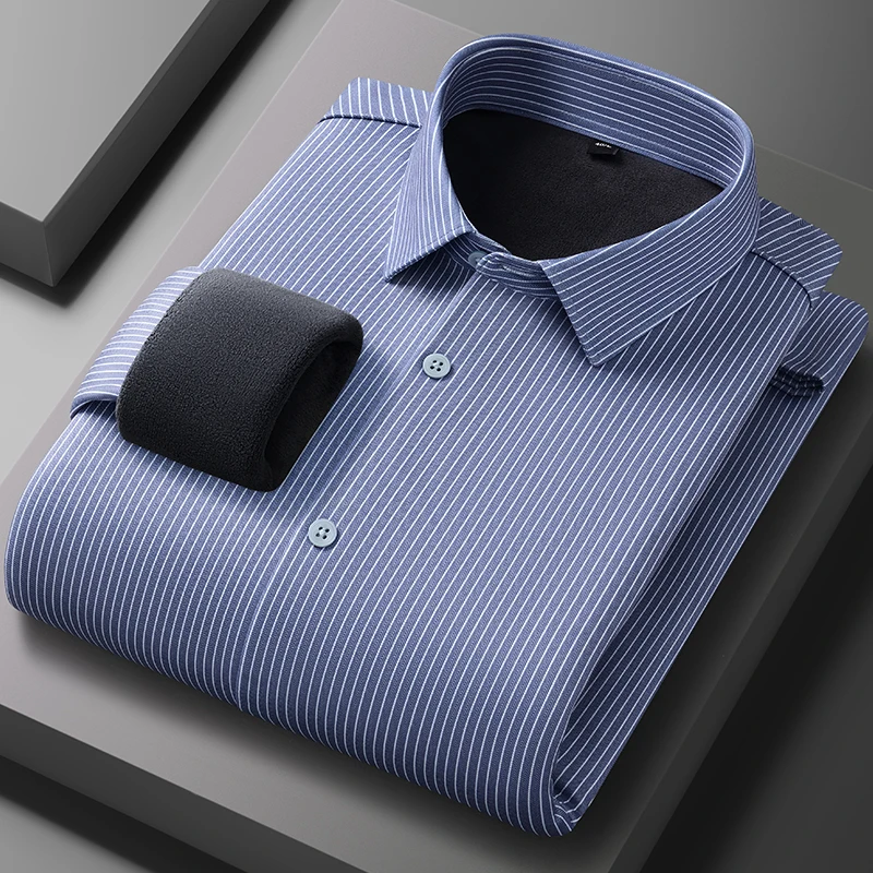 Kemeja lengan panjang bergaris ModaL hangat musim dingin untuk pria kemeja kasual slim fit lembut anti-kerut elegan pakaian tebal.