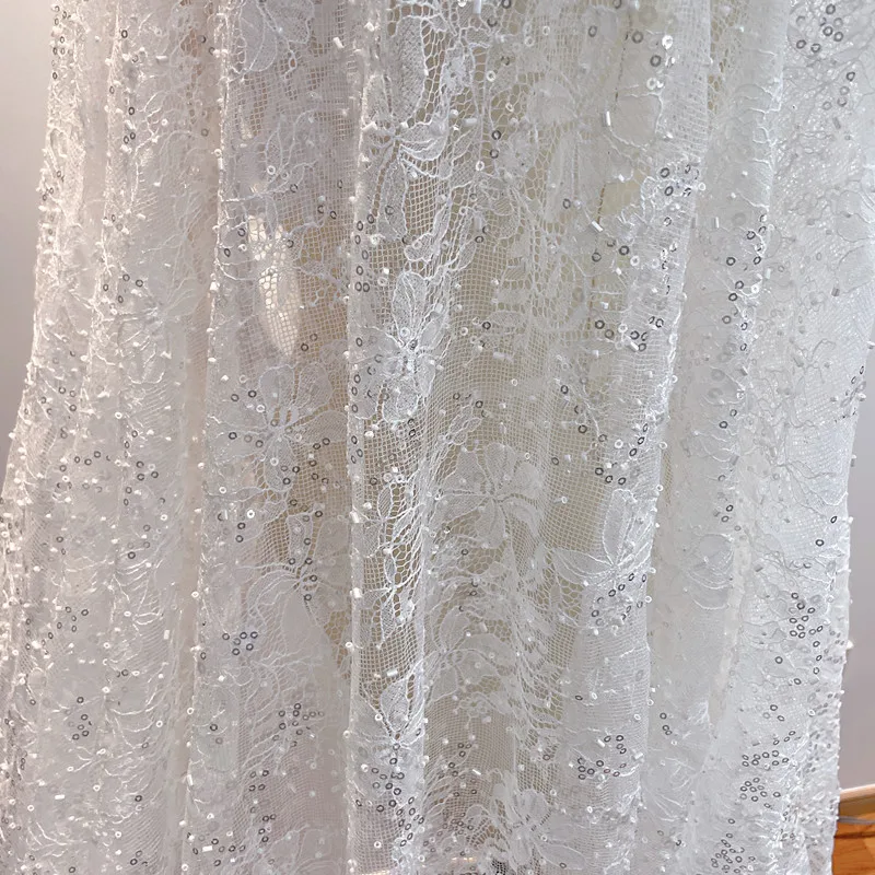 Off White French Exquisite Beaded Elegant Lace Fabric Soft Feel Sequined Wedding Dress Base Veil Flower Leaf Lace Accessories