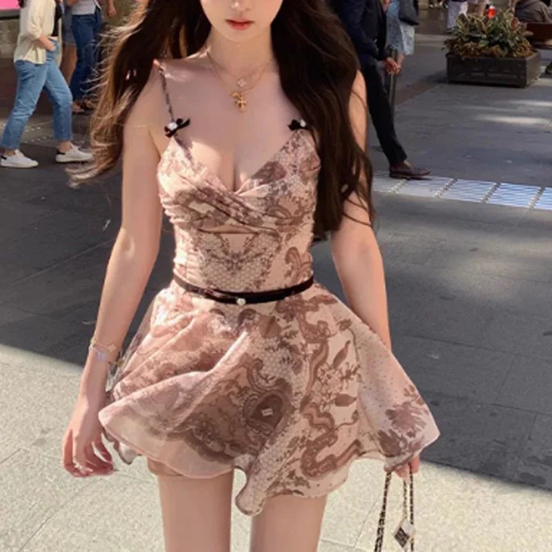 

Floral Midi Dresses Party Beach French Us Ru Sexy Style Minimalist Charming Vacation Print Sexy Fairy Pleated Suspender Dresses