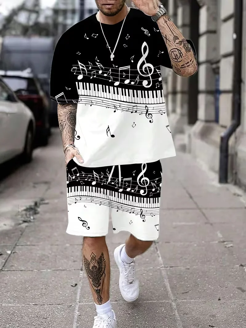 

Спортивные костюмы с 3D-принтом в виде музыкальных нот, мужские и женские комплекты с футболкой с круглым вырезом и короткими рукавами, шорты, спортивная одежда, комплекты из 2 предметов, мужская одежда