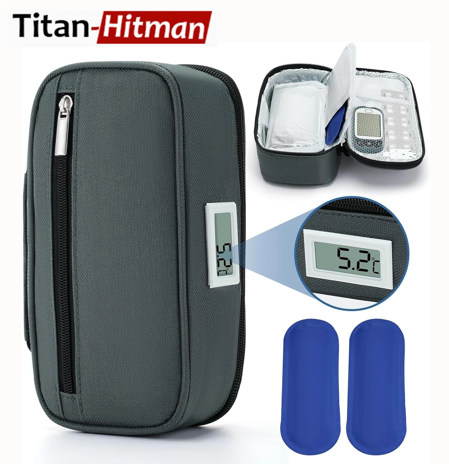 صندوق تبريد أنسولين مريح لاستقبال الأدوية ثلاجة صغيرة مع عبوتين ثلج لعرض درجة الحرارة LED