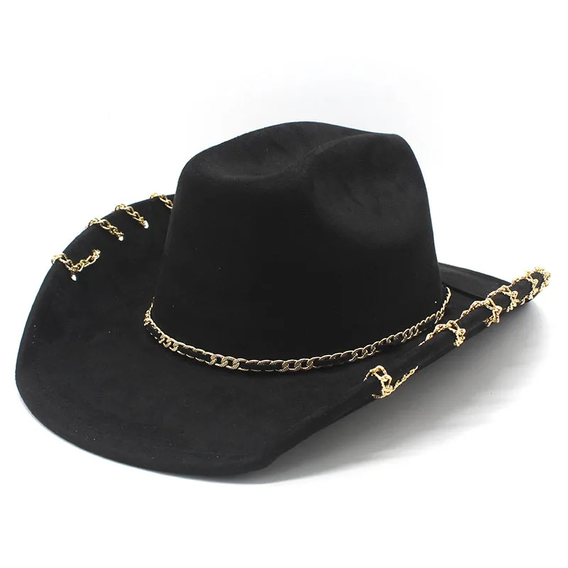 Trendiger Western-Cowboyhut für Männer und Frauen mit Metallkette, breiter Krempe, Wildleder-Visier, modische Jazz-Kappe – Detail 10