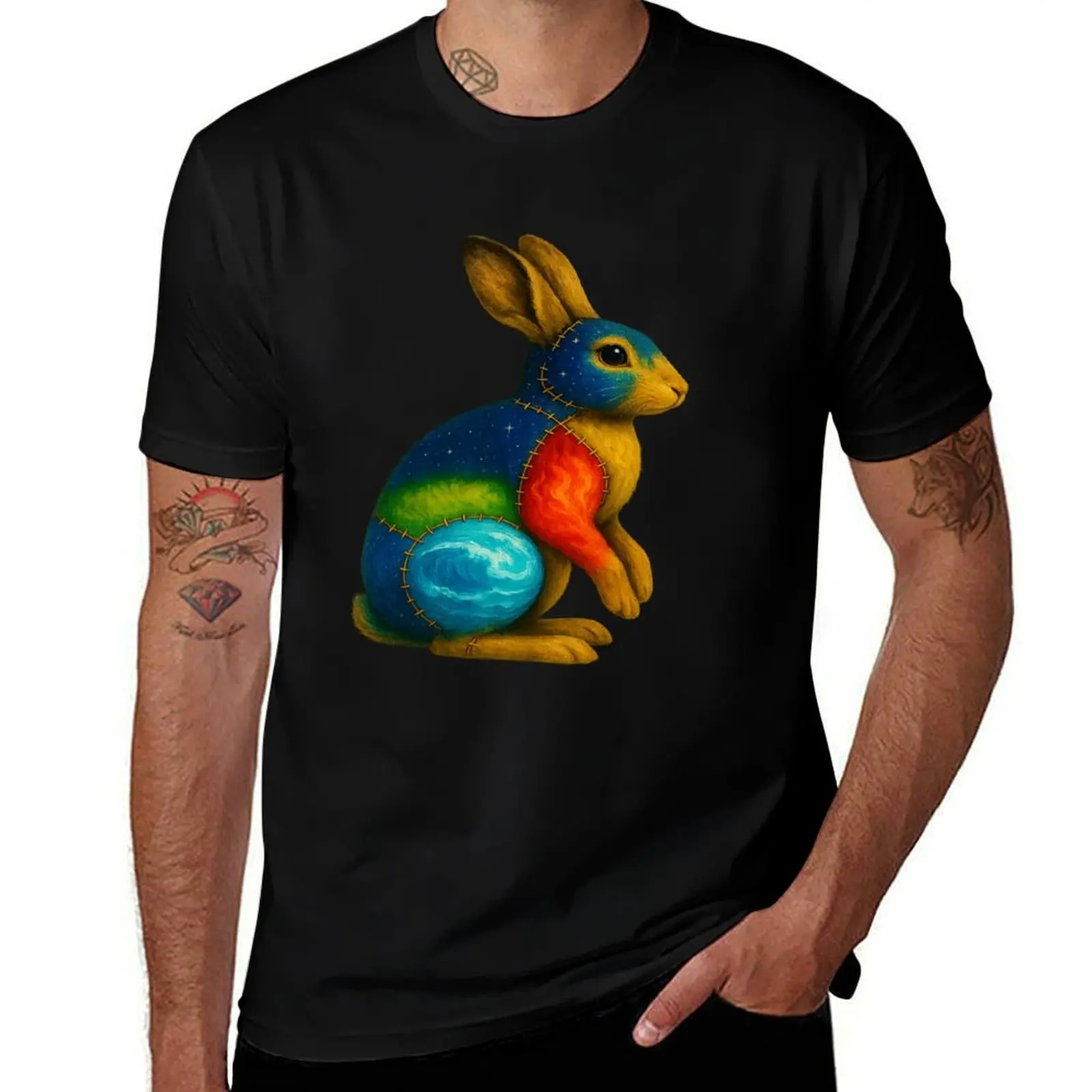 

Elemental Patchwork Rabbit – Nature Spirit Animal Art T-Shirt sports fans plus size clothes oversizeds Men's cotton t-shirt