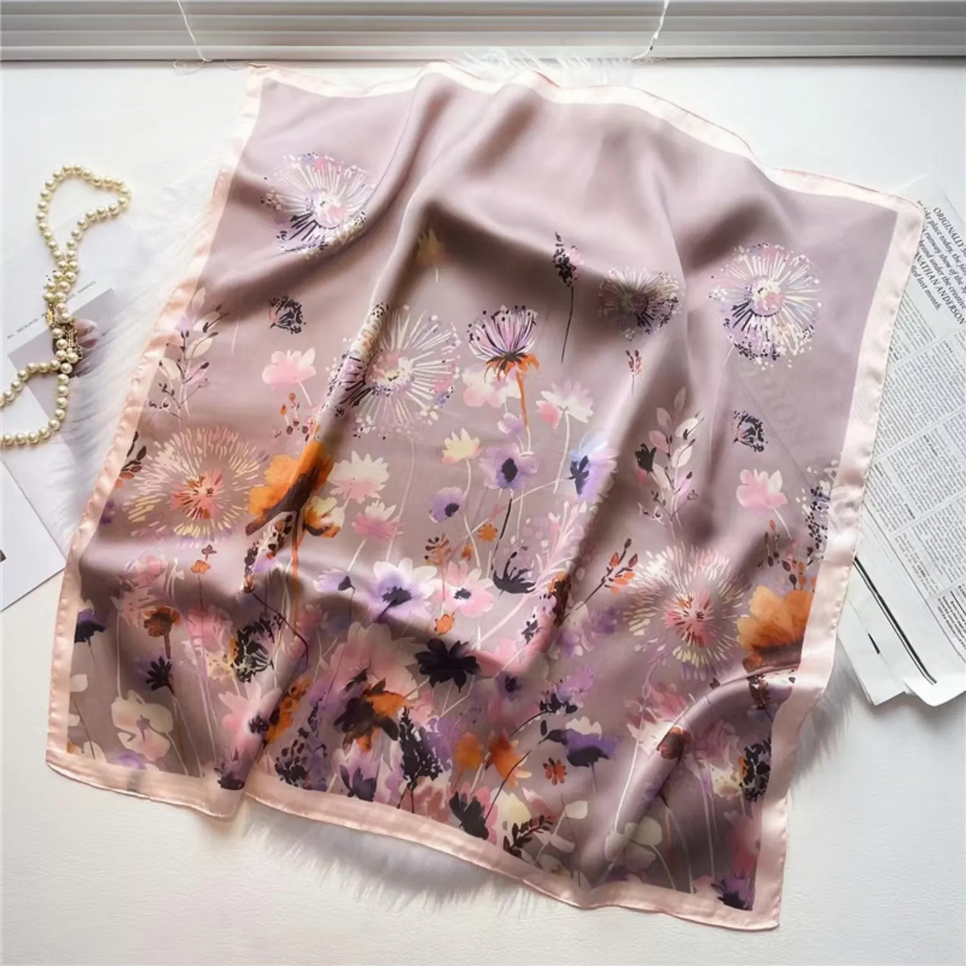 Spring/Summer Soft Satin Neckerchief Fashion 70*70cm Flower Print Square Scarf Women’s Breathable Imitation Silk Bandannas