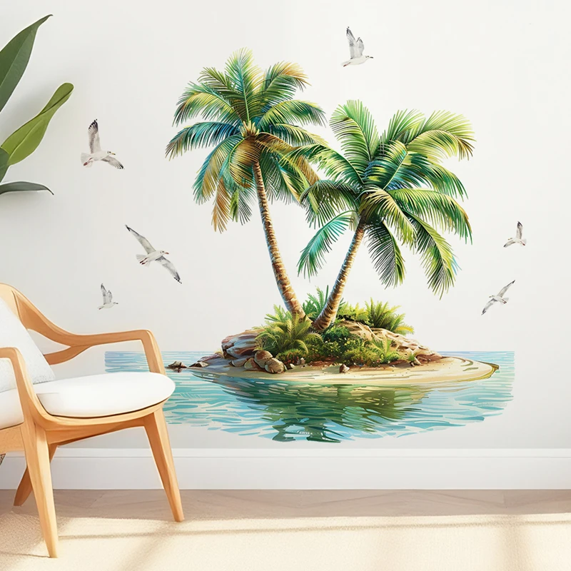 Sea Island Coconut Tree Blue Water Seagull Vinyl Wall Stickers for Living Room Bedroom Porch Home Decoration Scenery Wallpaper