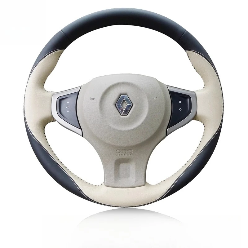 

For Renault Koleos 2009-2014 Hand-stitched non-slip black white Genuine Leather car Steering Wheel Cover
