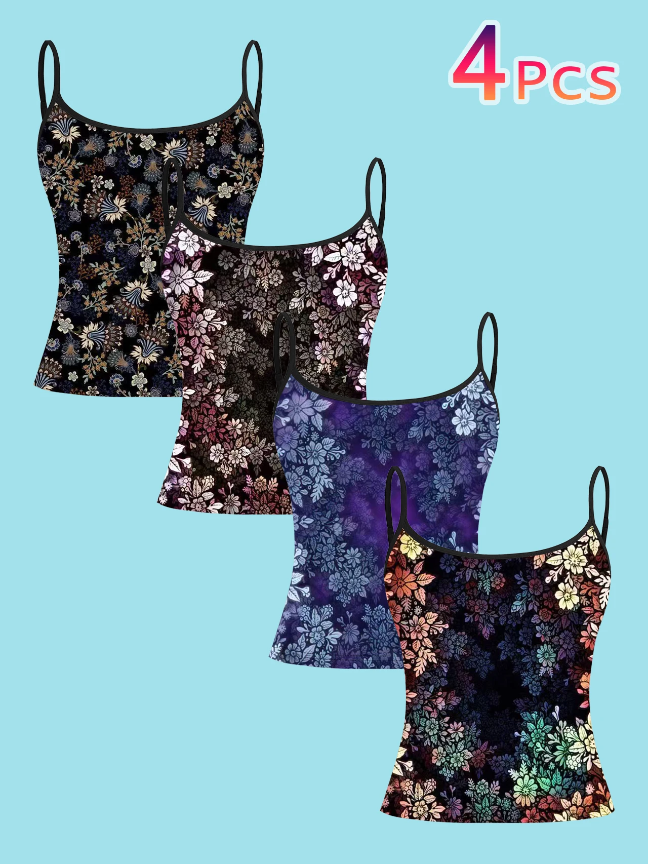 4-Piece Set of Women's Spaghetti Strap Camisoles, Black Base with Vintage Dense Floral Print, Slim-Fit Sleeveless Tops, Bohemian Pastoral Style Outerwear and Inner Layering Shirts