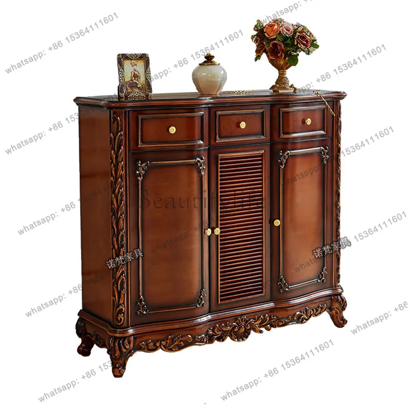 

European-style all-solid wood shoe cabinet, parquet surface, luxury court style, antique porch locker