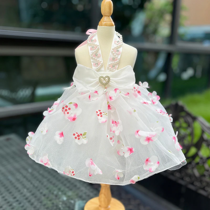 

Pure Handmade Pet Dog Clothes Luxury Braided 3D Embroidery Flower Decor Princess Dresses For Small Medium Dog Pink Skirts Puppy