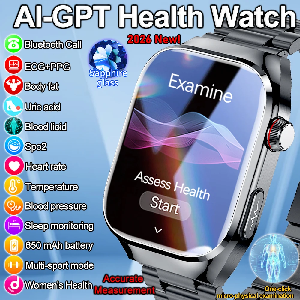 

2026 New Body Fat Analysis Health Smart Watch ECG+PPG Uric Acid Blood Pressure Blood Oxygen Clock Call Smart Watch For Men Women