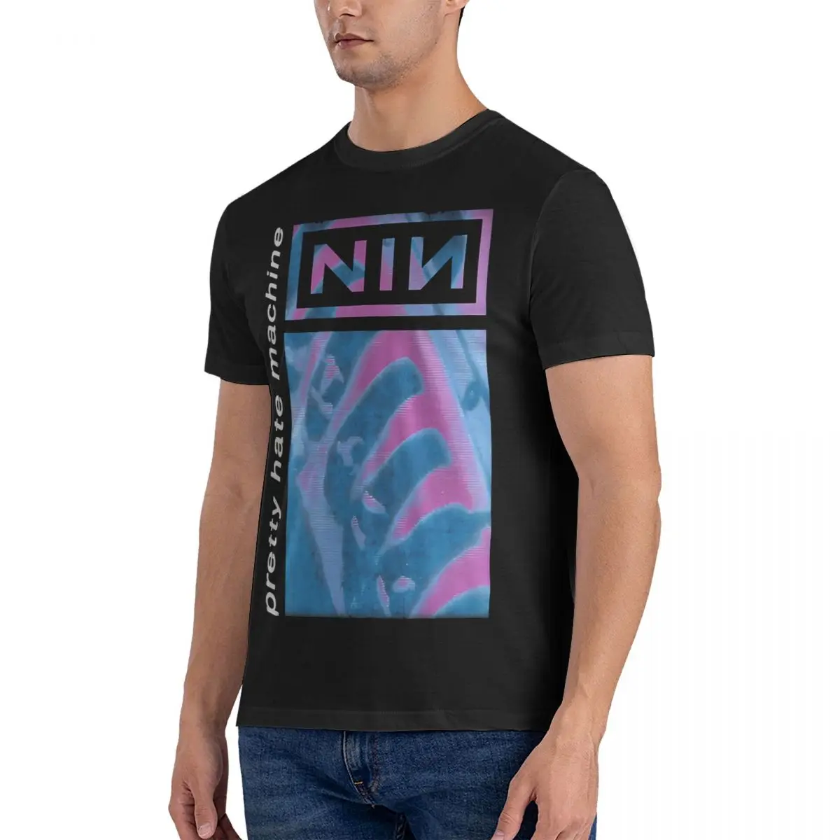 Blue And Purple Hate Nails Machine T Shirts Men's Cotton Vintage T-Shirts Crew Neck Nine Inch Nails NIN Tee Shirt Short Sleeve