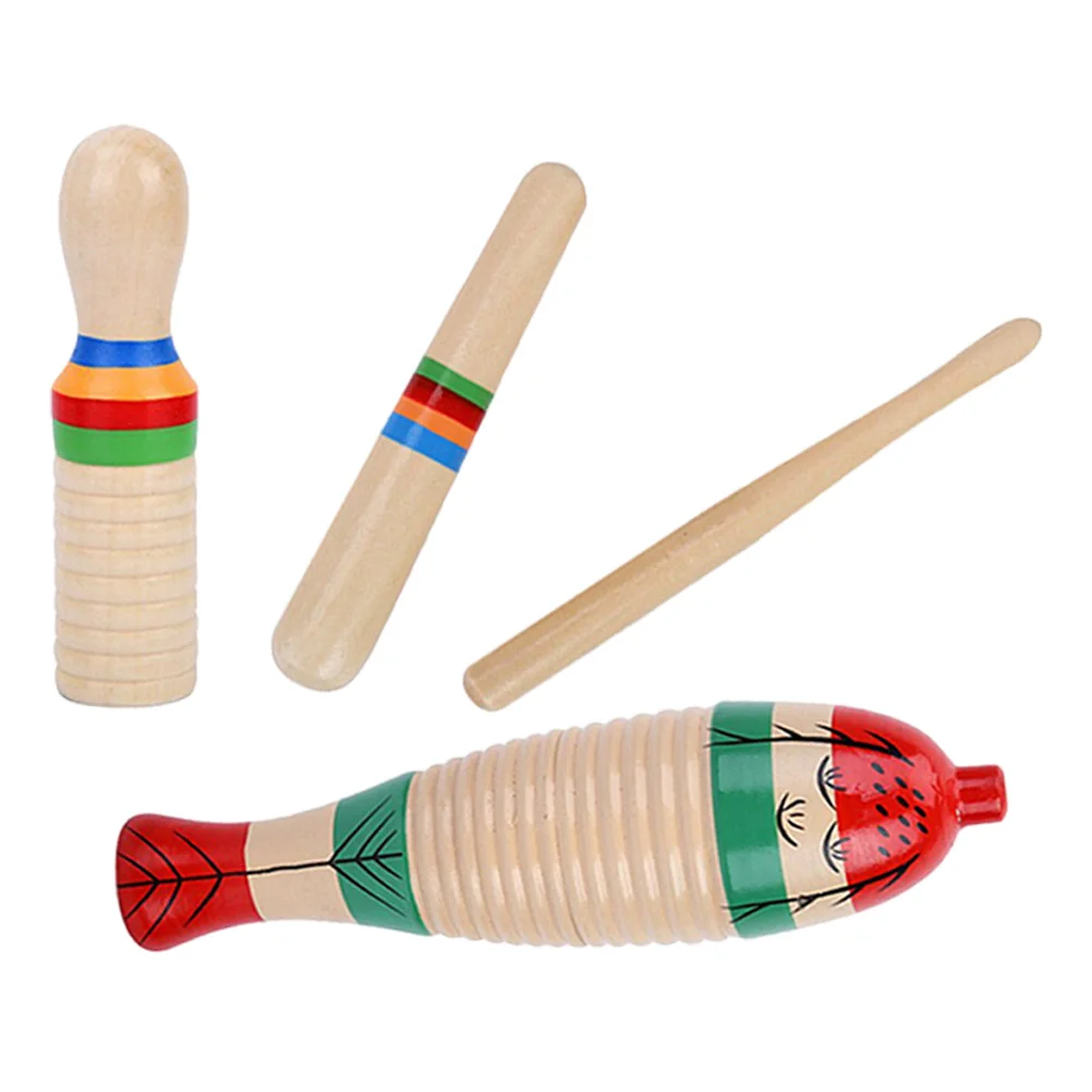 

2 Sets Wooden Guiro Music Instruments Baby Toys Whistle Kids Percussion Musical Train Flute Beginner