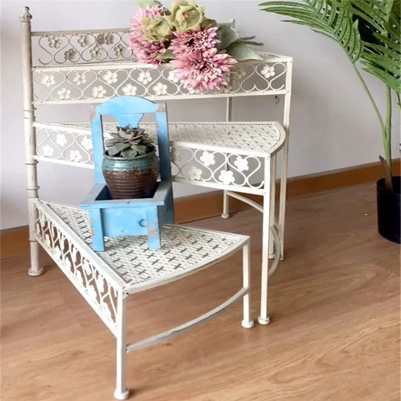 American Style Flower Holder Half Arc Trapezoidal Plant Stand 3 Layers Rotating Decorative Shelf Courtyard Balcony Display Rack