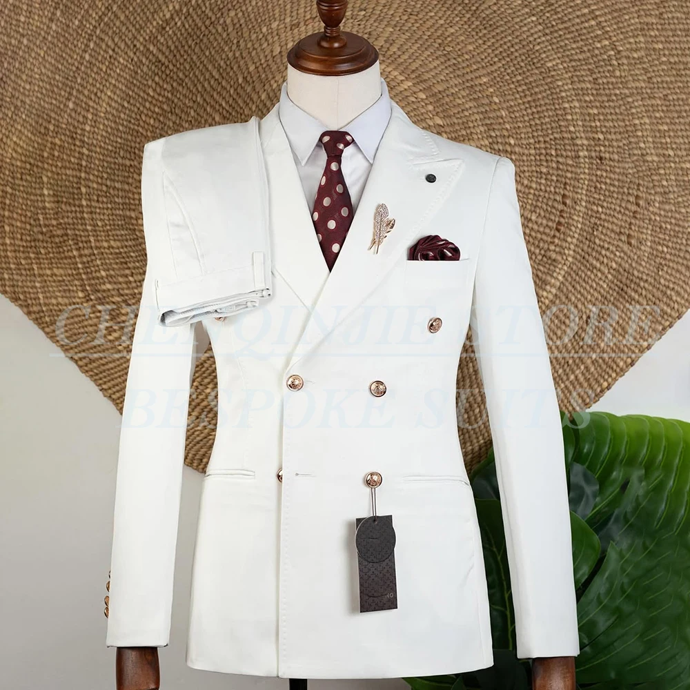 

Formal White Men's Suits Luxury Double Breasted Peak Lapel Slim Fit Male Clothing High Quality 2 Piece Jacket Pants Outfits Sets