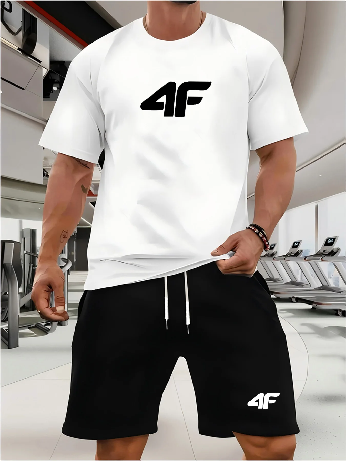 

Men's quick-drying running set, breathable letter-printed T-shirt, short, soft and elastic gym fitness set, outdoor sports