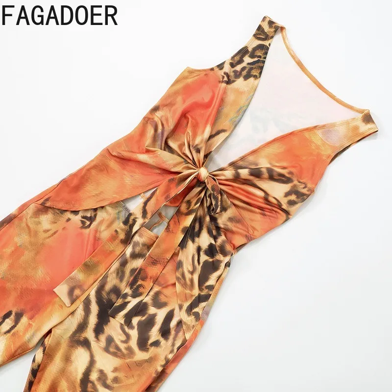 FAGADOER Sexy Leopard Print Jumpsuits Women Deep V-Neck Sleeveless Skinny One Piece Rompers Female Y2K Streetwear Overalls New