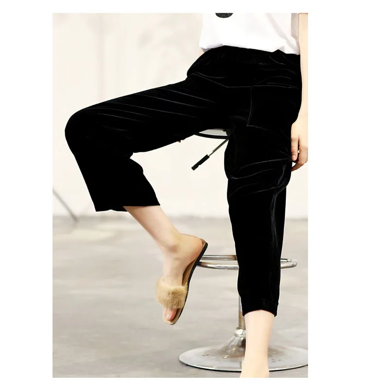 Fengbaoyu luxe soie velours femmes ample noué coupe large confortable loisirs de plein air respirant absorbant la sueur pantalon droit