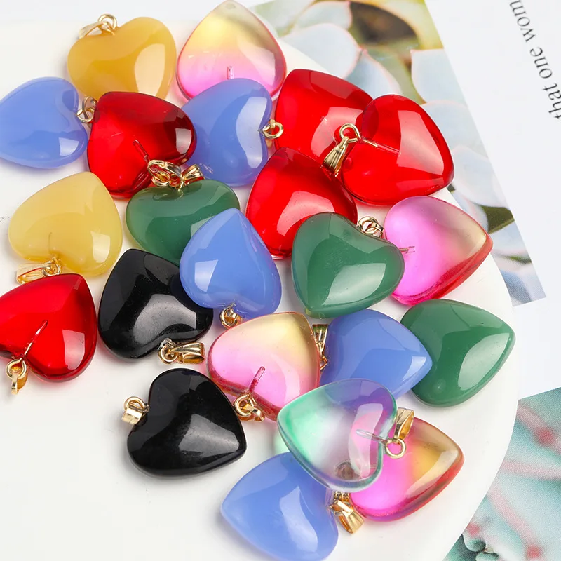 50PCS 21x23mm Jelly Czech Glass Love Charms Hanging Loop Half Hole Peach Heart Pendant DIY Necklace Bracelet Jewelry Accessories