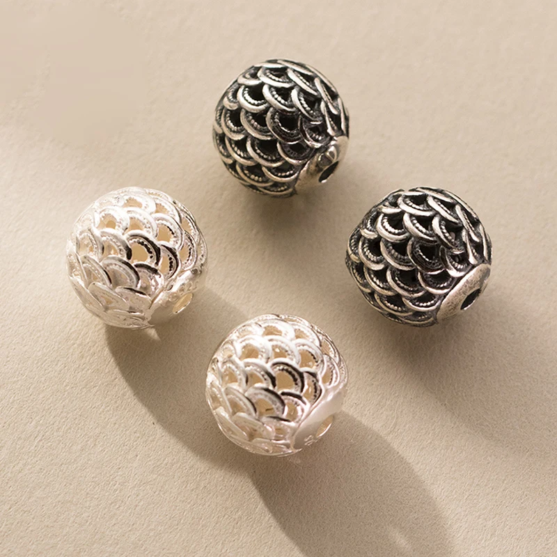 1pc/Lot 925 Sterling Silver Fancy Phoenix Tail Pattern Round Beads 12mm Fish Scale Separated Ball Spacers DIY Jewelry Material