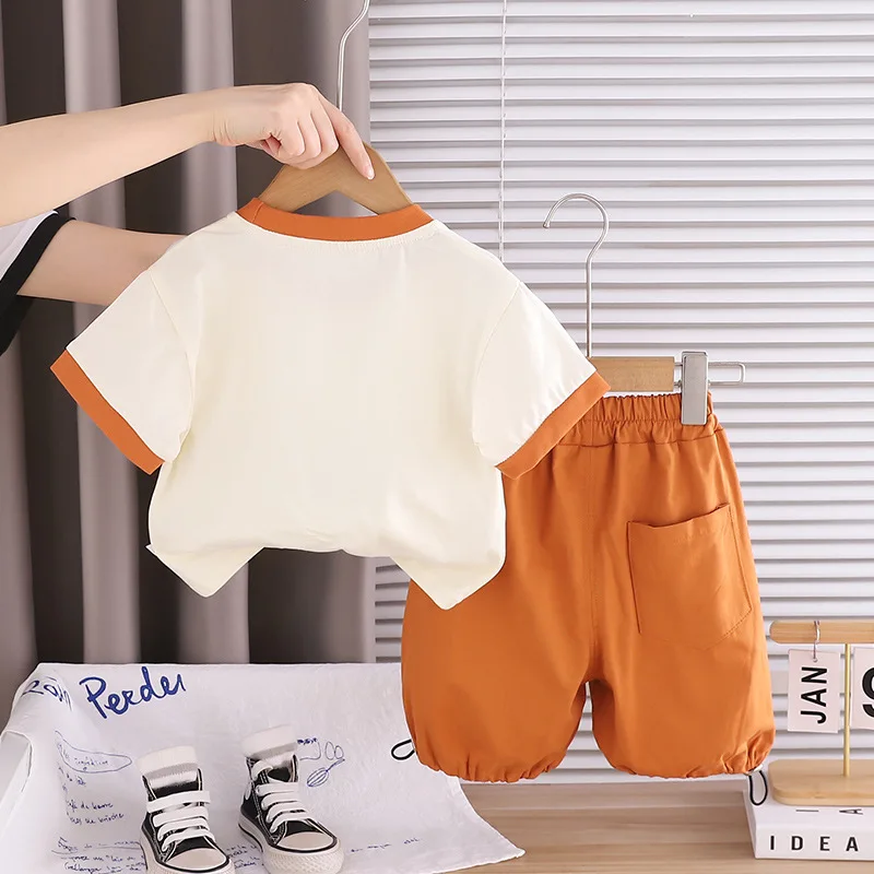 Toddler Boys 2pcs Outfits 1-5T Cute Cartoon Print Contrast Collar Short Sleeve T-shirts and Shorts Kids Suit Baby Boy Summer Set
