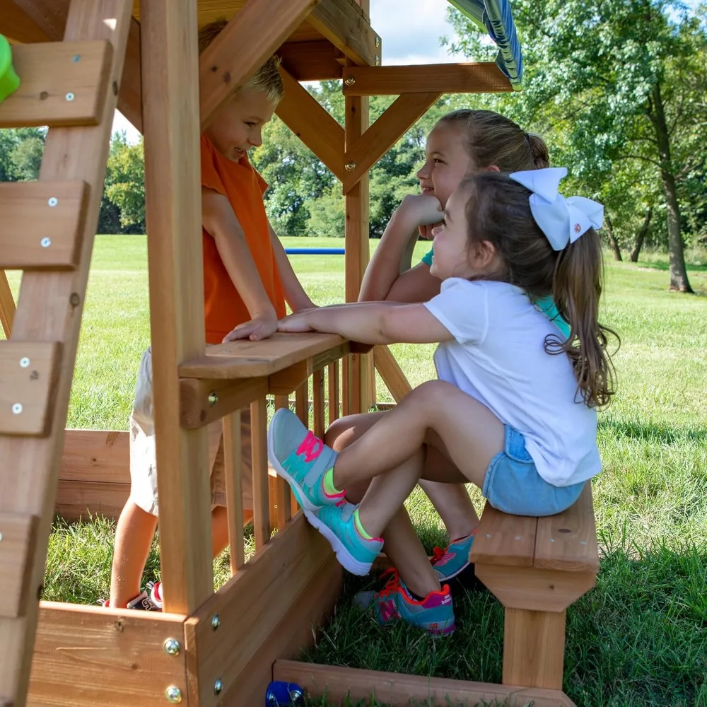 US Shipping Cedar Wood Backyard Swing Set with Wave Slide Play Deck Monkey Bars Outdoor Playground Swing for Kids