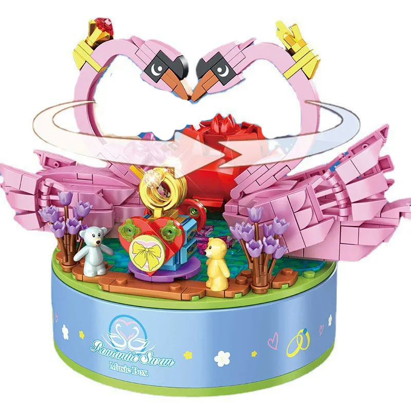 Moc girando rosa cisne amor pássaros caixa de música blocos de construção conjunto romântico ganso decoração brinquedos aniversário feriado presentes do dia dos namorados