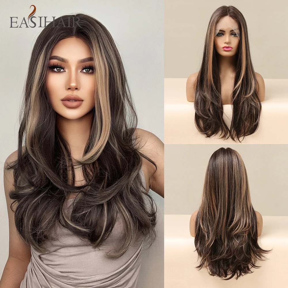 

EASIHAIR Brown Lace Front Wig Long Wavy Blonde Highlight Natural Hair Wig for Women with Baby Hair Lace Frontal Wig High Density