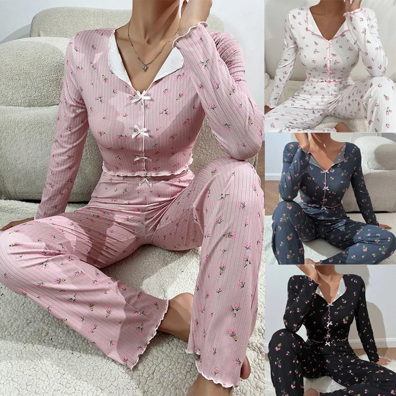 European and American Hot-selling Loungewear Printed Trousers Long Sleeves Can Be Worn Outside Women's Pajamas Two-piece Set