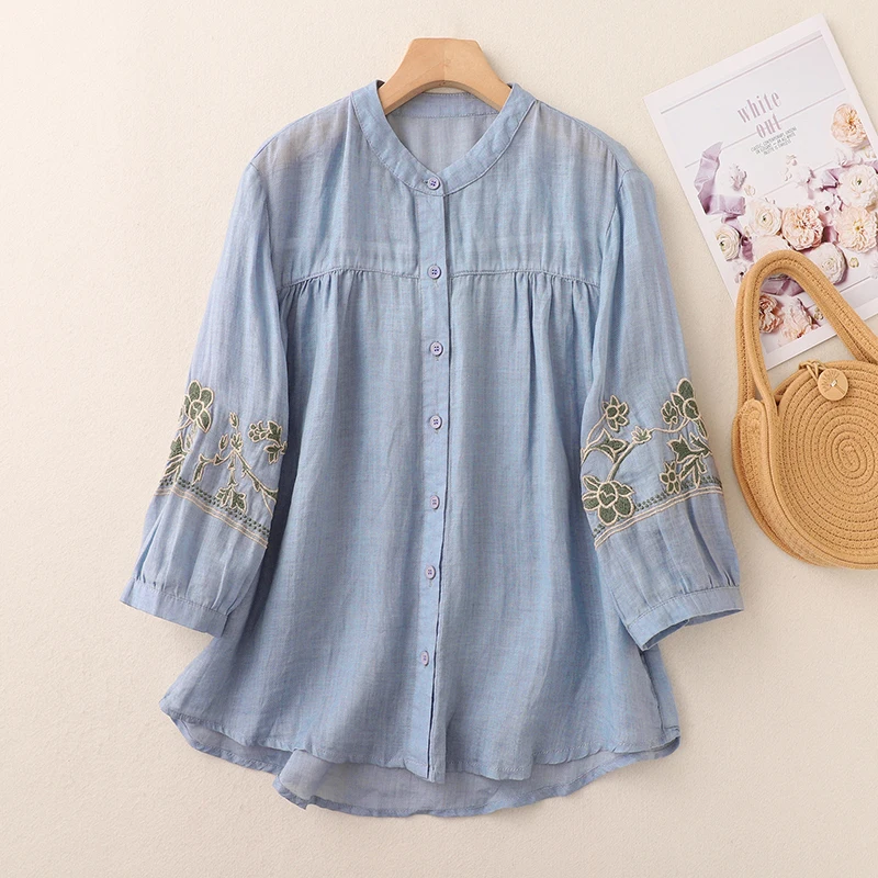 Été lourd broderie coton lin irt ventre ample couvrant sept quarts Sve dames Faion simple bouton mince irt
